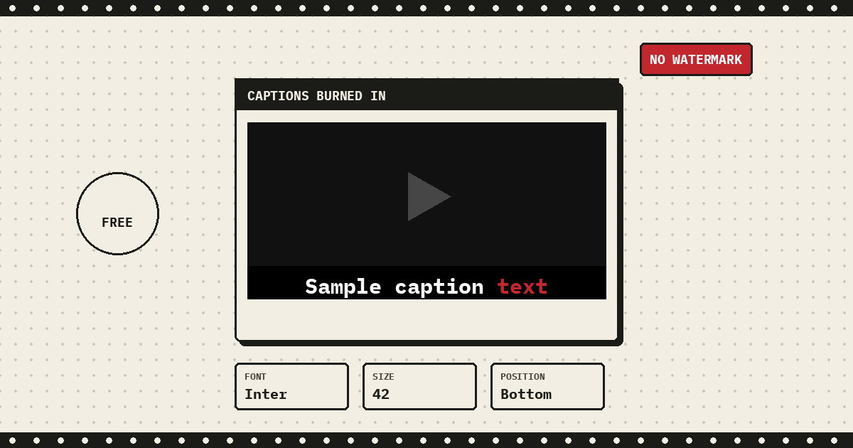 A video frame with the caption sample caption text burned in, the last word highlighted in red, next to font, size, and position style pills